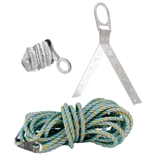 Roof anchor system with secured safety rope, designed for fall protection during roofing and high-elevation construction tasks.